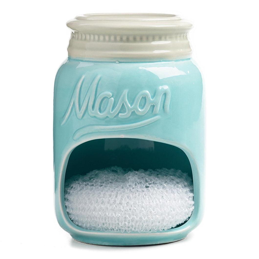 Blue Mason Jar Ceramic Sponge Holder with Sponge